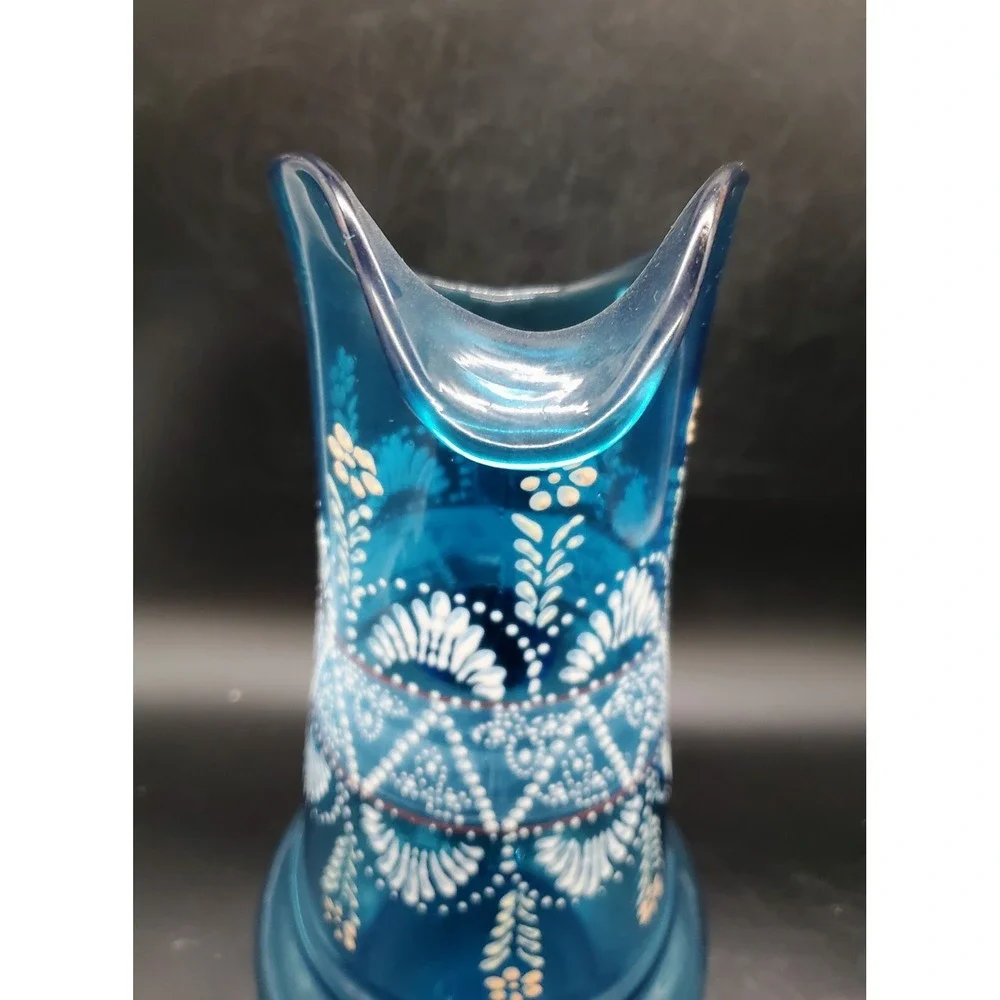 Antique Northwood Glass Hand Painted Enameled Blue Glass Tankard Pitcher 13